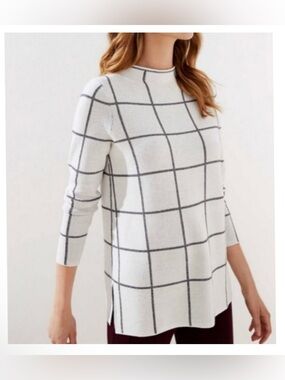 LOFT White & Black Windowpane Mock Turtleneck Sweater Large Oversized Long
